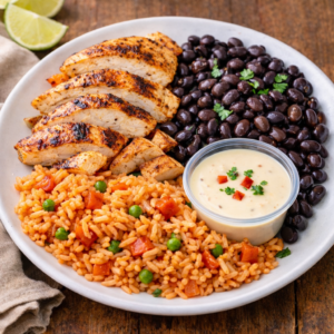 Fajita Chicken with Spanish Rice, Black Beans and Queso