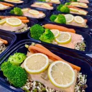 Salmon with Kale Rice and Mixed Vegetables