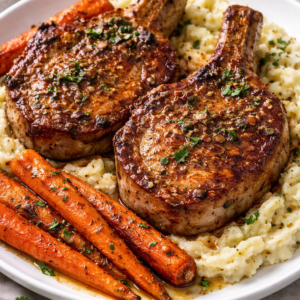 Bone in Pork Chops with Mashed Potatoes and Roasted Carrots